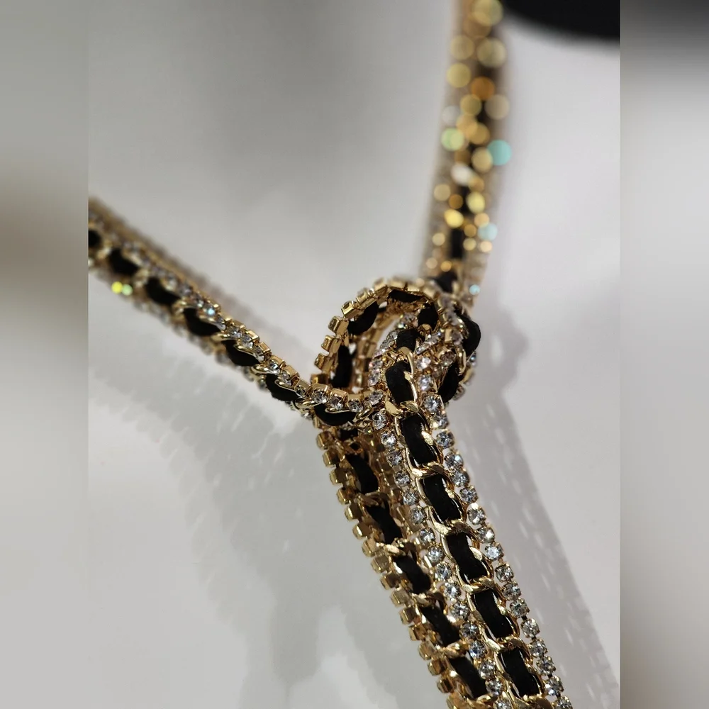 Long Gold, Black, Clear Rhinestoned Tie Necklace